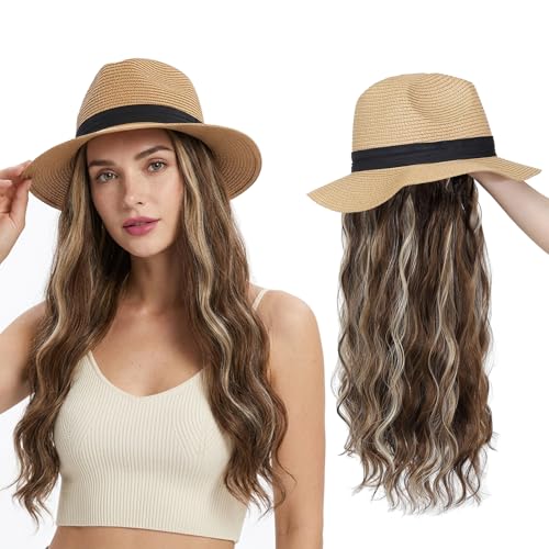 Hat Wig Panama Hat with Mix Brown Blonde Long Wave Hair Attached for Women Khaki Color Wide Brim Straw Beach Sun Hat Wig - color: K-Mbrown blonde