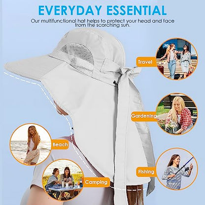 Womens Sun Hat UV Protection, Foldable Waterproof Wide Brim Bucket Hats with Neck Flap for Summer Beach Fishing Hiking - color: Light Grey