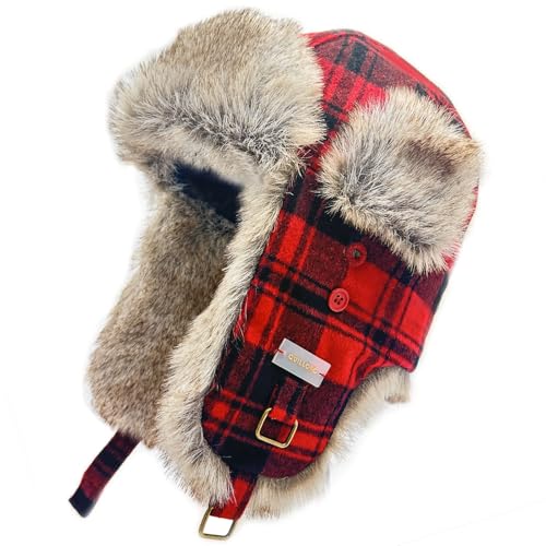 Winter Trapper Hat for Men and Women,Wool Russian Ushanka Aviator Warm Cold Proof Ski Hunting Cycling Winter Hats - color: Red and Black Plaid Faux Fur, size: Large-X-Large
