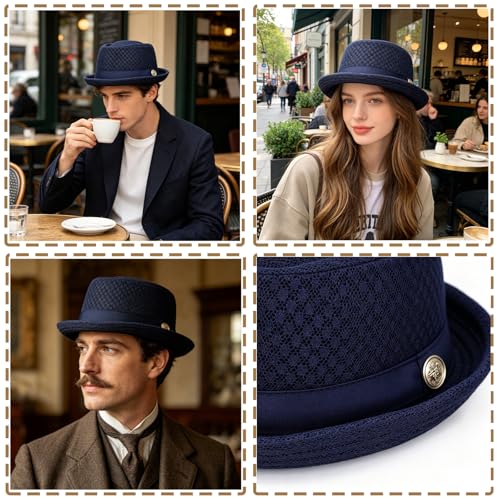 XGOPTS Unisex Summer Mesh Straw Porkpie Hat Trilby Jazz Fedora Panama Hats - color: Dark Blue