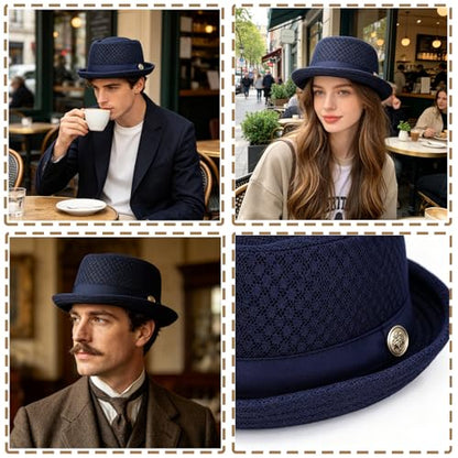 XGOPTS Unisex Summer Mesh Straw Porkpie Hat Trilby Jazz Fedora Panama Hats - color: Dark Blue