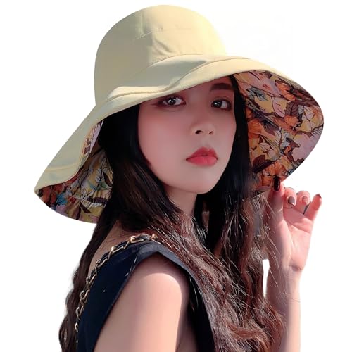 Women Bohemian Reversible Sun Hat Wide Brim Fishing Hats - color: Yellow Floral