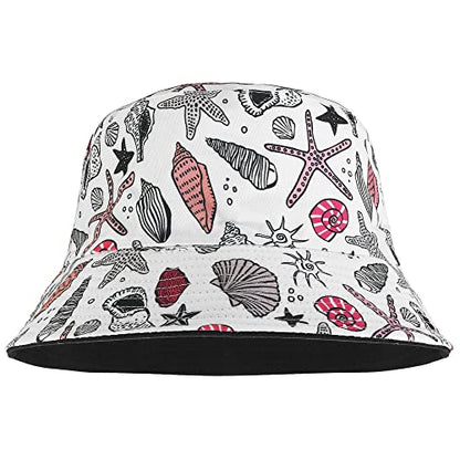 Falari Reversible Bucket Hat for Men Women Summer Travel Beach Outdoor Fishing Hat 100% Cotton - color: J894-white-sealife
