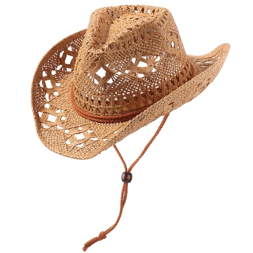 DRESHOW Straw Cowboy Cowgirl Hat for Women Men Western Coastal Cowboy Beach Hat with Shapeable Brim Unisex Rolled up Caps - color: 1 Pack Straw Woven Hollowed-out: Khaki