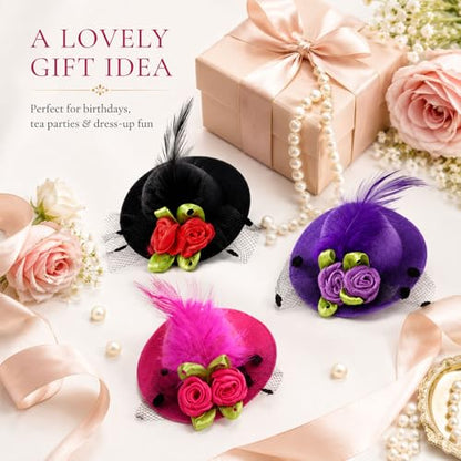 Women's Mini Top Hat Fascinator Hair Clips with Feather
