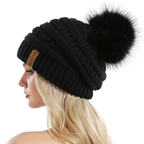 Women Knit Slouchy Beanie Chunky Baggy Hat with Faux Fur Pompom Winter Soft Warm Ski Cap - color: A2-black