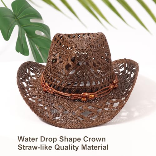 AQOKKA Straw Cowboy Hats for Women Men Western Cowgirl Hats with Shapeable Brim Woven Hollow Out Unisex Beach Roll Up Caps - color: Brown Beads Cowboy Hat : Coffee