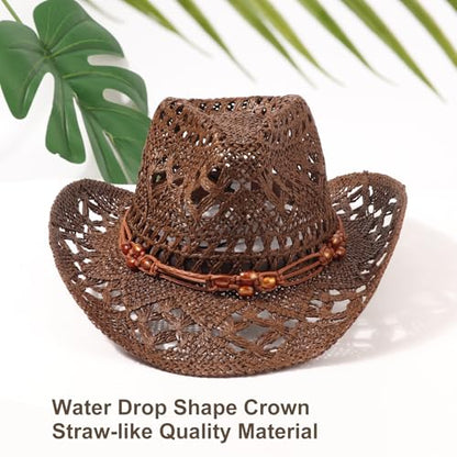 AQOKKA Straw Cowboy Hats for Women Men Western Cowgirl Hats with Shapeable Brim Woven Hollow Out Unisex Beach Roll Up Caps - color: Brown Beads Cowboy Hat : Coffee
