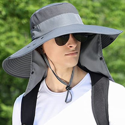Women Wide Brim Face Mask Sun Hat Detachable Neck Face Flap Ponytail UV Protection Visor Hat Garden Fishing Hiking - color: Hyp008-darkgray