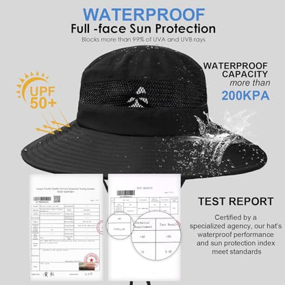 Bucket Sun Hat for Women Wide Brim Breathable Mesh UPF50+ Safari Hat Criss Cross Ponytail Hole Outdoor Rain Hat - color: Black