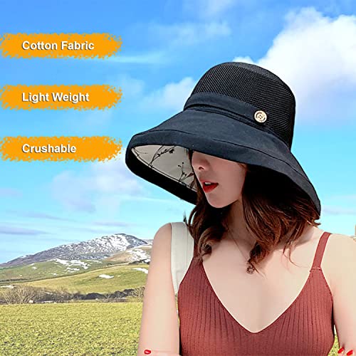 Women Wide Brim Sun Hats Metal Wired Edge Summer UV Protection Beach Fishing Hat for Hiking Garden Travel Chin Strap - color: M9163-black, size: One Size