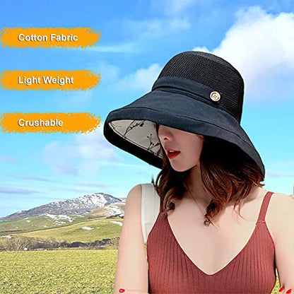 Women Wide Brim Sun Hats Metal Wired Edge Summer UV Protection Beach Fishing Hat for Hiking Garden Travel Chin Strap - color: M9163-black, size: One Size