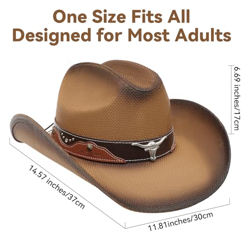 WQWOVRVO Cowboy Hat,Cowgirl hat,Brown Cowboy Hats for Women/Mens Straw Wide with Shapeable Brim Western Cowboy Hat for Womens - color: Light Brown