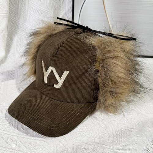 URAWOW Faux Fur Baseball Cap Women Winter Fall Grunge Aespa NINGNING Same Style Trapper Hat Plush Retro Fashion Ear Warmer - color: Military Green B