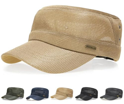 Initlove Cadet Army Cap for Men Women Military Hat Mesh Flat Top Hats for Summer - color: Khaki