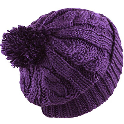 Women and Men Beanie Daily Winter Oversized Thick Stretchy Knitted Pom Pom Beanie Fleece Lined Beanie Hat - color: 1. Curly Purple