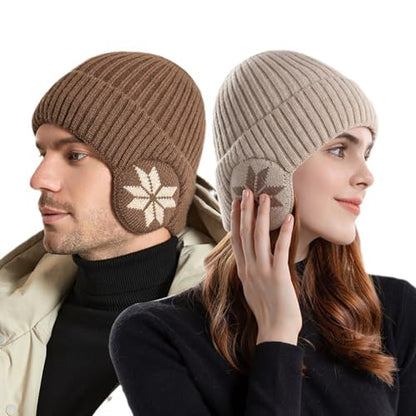 Knit Beanie Hat with Earflaps – Winter Warm Thick Fleece Lined Ski Skull Cap for Men Women - color: Khaki