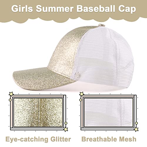 Zsedrut Girls Glitter Baseball Cap Kids Adjustable Ponytail Hat Toddler Summer Mesh Trucker Hats - color: Champagne