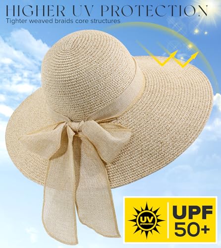 Beach Sun Hats for Women,Wide Brim Straw Hat Floppy Packable UPF 50+ UV Protection with for Summer - color: Beige Mixed, size: Medium