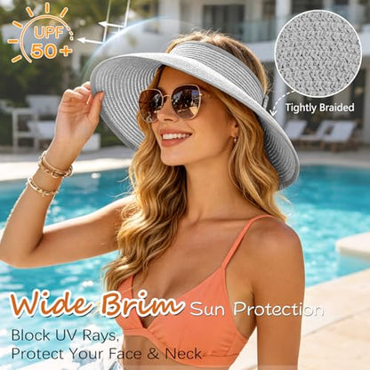 Sun Hats Visor for Women, UV UPF Straw Beach Hat Foldable Wide Brim Ponytail Summer Hats Packable Travel - color: Bowknot Grey