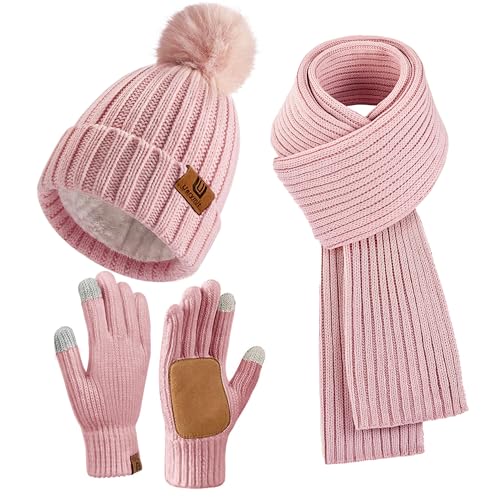 Uerymit Womens Winter Beanie Hat Scarf Gloves Set Warm Knit Beanie with Pom Pom Long Scarf Touchscreen Gloves 3 in 1 Set - color: Pink