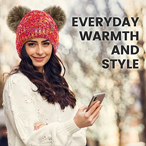 Arctic Paw Pom Pom Beanie Cable Knit Fleece Lined Winter Beanie Women Hat - color: Mix Pink Yellow