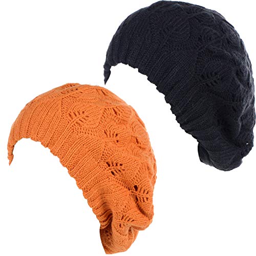 BYOS Women Mid-Weight Slouchy Leafy Cutout Crochet Soft Knit French Beret Hat - color: 2-pack-orange & Bk