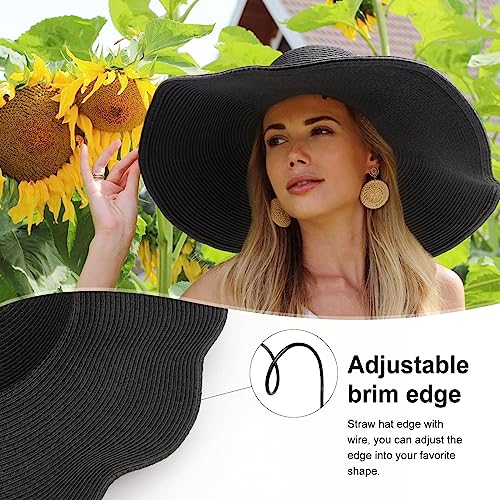DRESHOW Big Straw Sun Hats for Women Floppy Foldable Roll up Beach Cap Sun Hat UPF 50+ Vacation Honeymoon Embroidered Hat - color: Aca Wire: Black