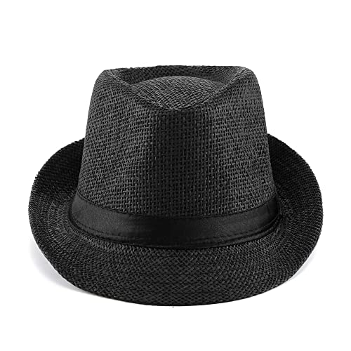 FALETO Unisex Summer Panama Straw Fedora Hat Short Brim Beach Sun Cap Classic - color: #01 Black