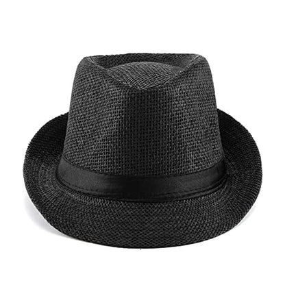FALETO Unisex Summer Panama Straw Fedora Hat Short Brim Beach Sun Cap Classic - color: #01 Black