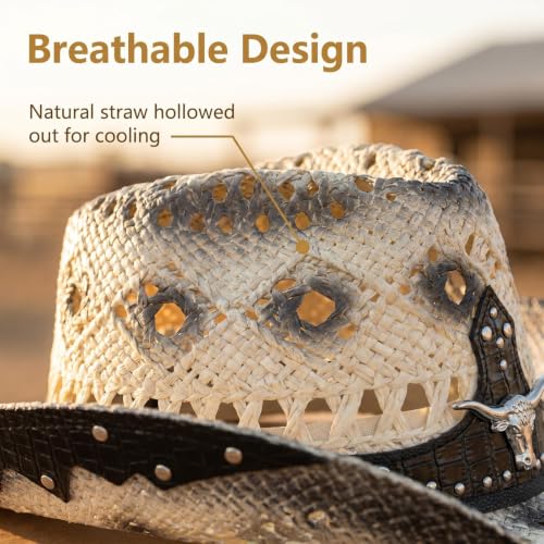 Straw Cowboy Hat for Men Women, Breathable Lightweight - color: Black-m