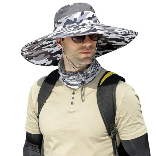 Wide Brim Sun Hat for Men Women UV Protection Bucket Fishing Hats - color: Black-white Camo