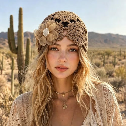Crochet Hat Cap Cute Summer Beanies with Pearl Decor Boho Knit Mesh Hat - color: Yellow Flower