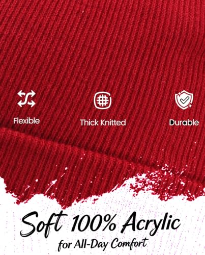 Home Prefer Men's Winter Beanie Hat with Brim Warm Double Knit Cuff Beanie Cap Watch Radar Hat - color: Red