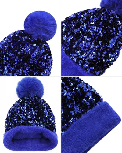 Women Sparkly Sequins Knitted Beanie Hat Warm Winter Skull Cap with Faux Fur Pom Pom - color: Blue