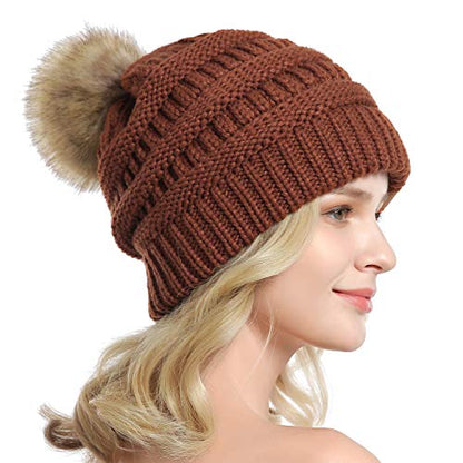 Women Knit Slouchy Beanie Chunky Baggy Hat with Faux Fur Pompom Winter Soft Warm Ski Cap - color: D7-rust