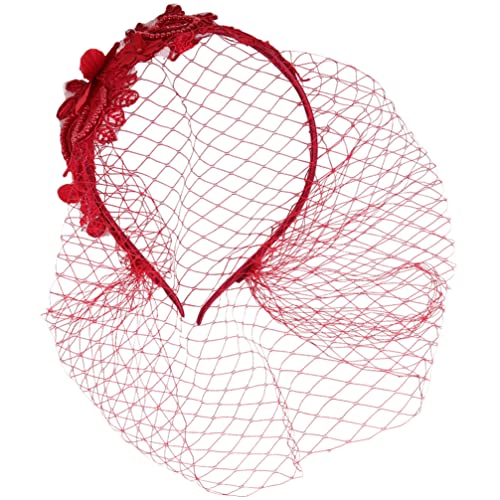 Beaupretty Womens Fascinators Hat Bridal Wedding Veil Mesh Lace Headband Tea Party Headwear Fascinator Veil Headband - color: Red