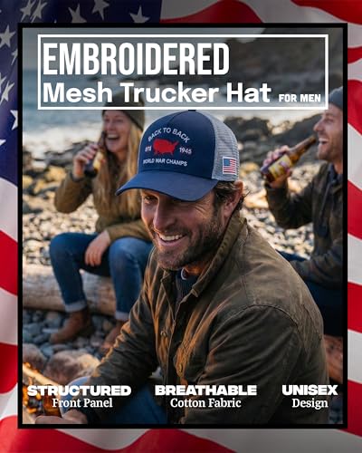 Funky Junque Vintage Trucker Hat, Embroidered American Flag Cap - color: Back to Back Wwii Champs - Navy