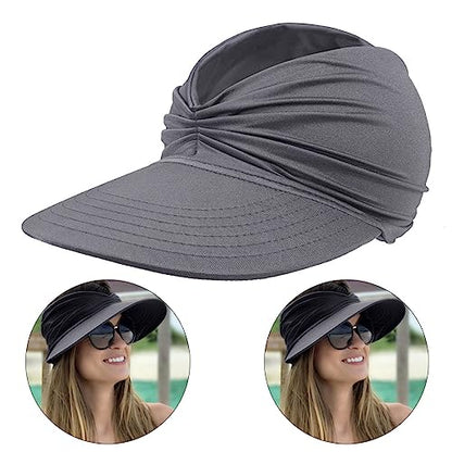 Sun Hat Women Beach Visor Cap UV Protection with Wide Brim Packable Summer Sport Ponytail Sun Cap - color: Gray