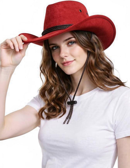 Classic Western Rolled-up Vegan Suede Cowboy Hat - color: Red