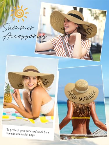 Sun Beach Straw Hats for Women, Summer Wide Brim Hat - color: Dark Khaki(hello Sunshine), size: Large