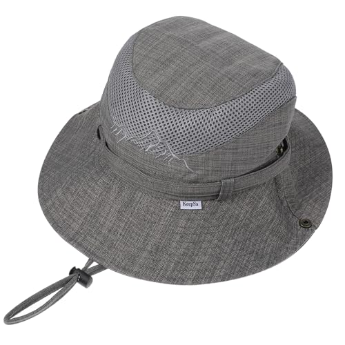 Men’s UV Sun Hat, Breathable Mesh Bucket Hat, Adjustable Chin Strap, Lightweight Foldable Outdoor Fishing Hiking Hat - color: #B32 Grey, size: 7 1/4-7 5/8