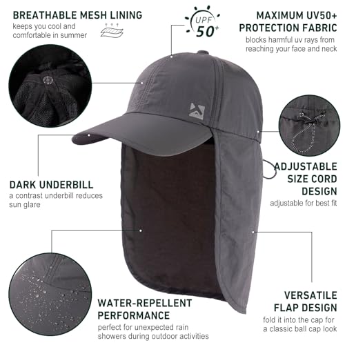 TOP-EX L/XL/XXL UV50+ Waterproof Neck Flap Baseball Sun Cap - color: Dark Grey, size: Medium-Large
