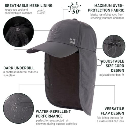 TOP-EX L/XL/XXL UV50+ Waterproof Neck Flap Baseball Sun Cap - color: Dark Grey, size: Medium-Large