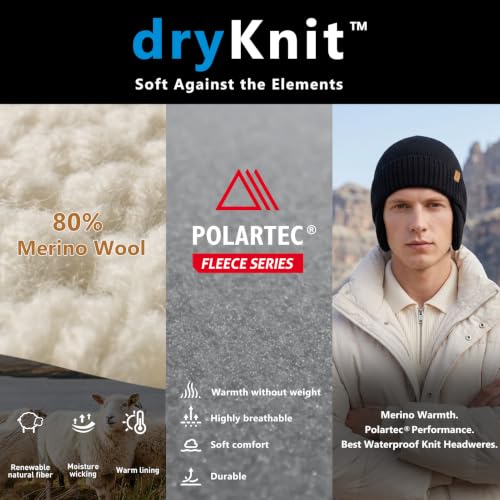 Winter Beanie Hat Ear Flaps Waterproof Merino Wool Fleece Men Women - color: Green, size: Medium-Large