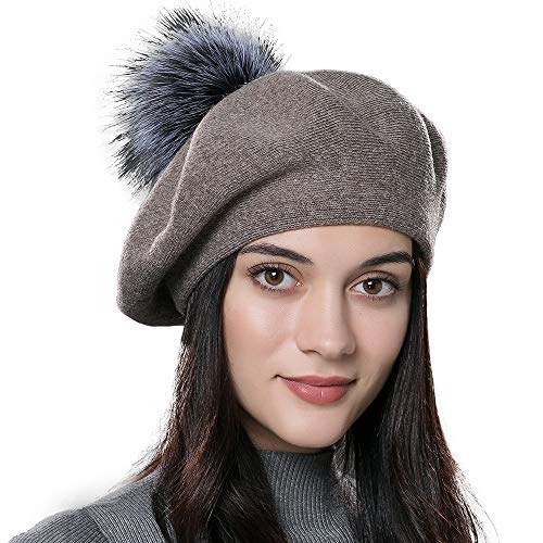 Womens Winter Beret Hat Knitted Beanie Cap Autumn Winter Hat French Classic Beret - color: Camel With Silver Fox Fur Pompom