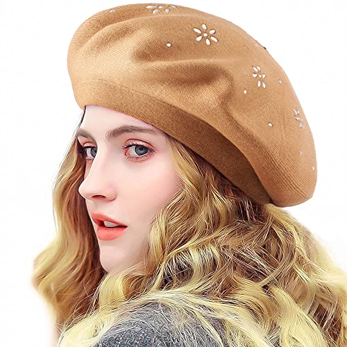 LADYBRO Rhinestone Beret Hats for Women 2 Layers Wool Knit Cap Lady Winter - color: Light Tan (Floral Pattern)