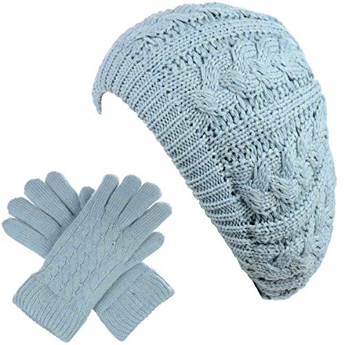 BYOS Womens Winter Cozy Cable Fleece Lined Knit Beret Beanie Hat (Set Available) - color: Pastel Blue Cable Hat Gloves Set