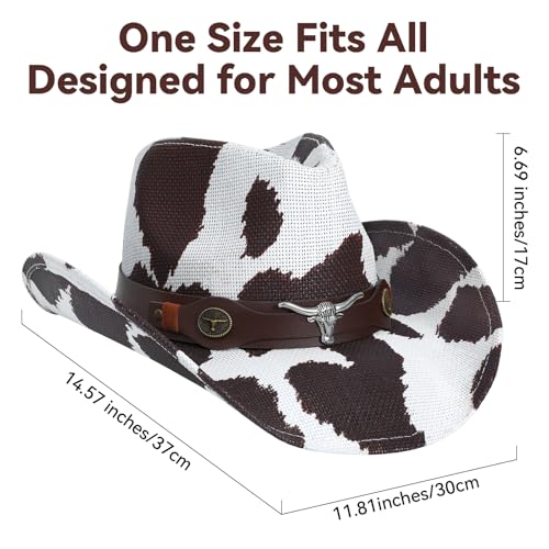 WQWOVRVO Cowboy Hat,Cowgirl Hat,Western Cowboy Hats for Women/Mens/Straw Wide with Shapeable Brim Cowboy Hat for Womens - color: Brown Cow Pattern