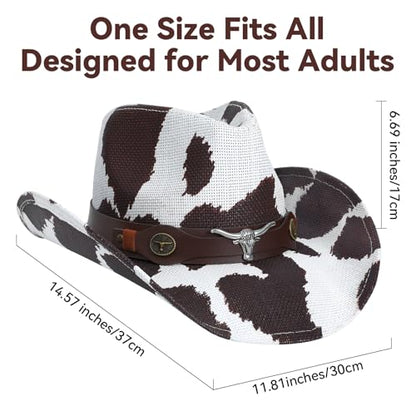 WQWOVRVO Cowboy Hat,Cowgirl Hat,Western Cowboy Hats for Women/Mens/Straw Wide with Shapeable Brim Cowboy Hat for Womens - color: Brown Cow Pattern